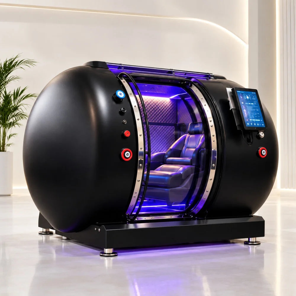 Side-angle studio shot of the Galaxy Zero Apollo 2.0 Touchscreen Hyperbaric Chamber with clear door, lit cabin and single seat