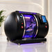 Side-angle studio shot of the Galaxy Zero Apollo 2.0 Touchscreen Hyperbaric Chamber with clear door, lit cabin and single seat