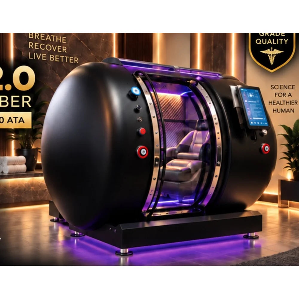Warm-lit spa room promo showing the Galaxy Zero Apollo 2.0 Oxygen Chamber with purple cabin lighting and text overlays