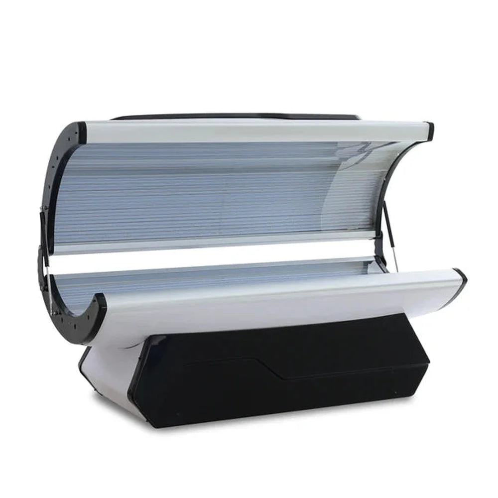 Angled white-background studio shot of the Galaxy Zero Capsule Full Body Light Therapy unit with its canopy raised