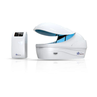 Side-angled studio render of the Galaxy Zero Indigo Pro Float Tank with lifted cover, blue basin and touchscreen cabinet