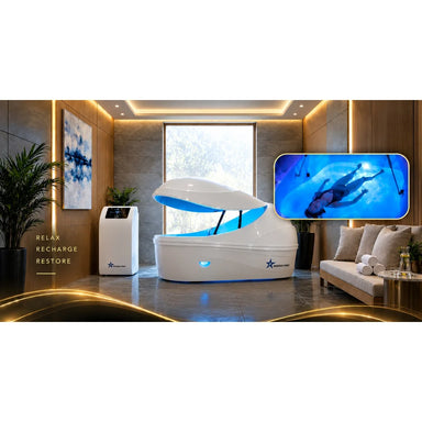 Wellness suite scene with the cover raised on the Galaxy Zero Indigo Pro Sensory Deprivation Tank and blue interior lighting