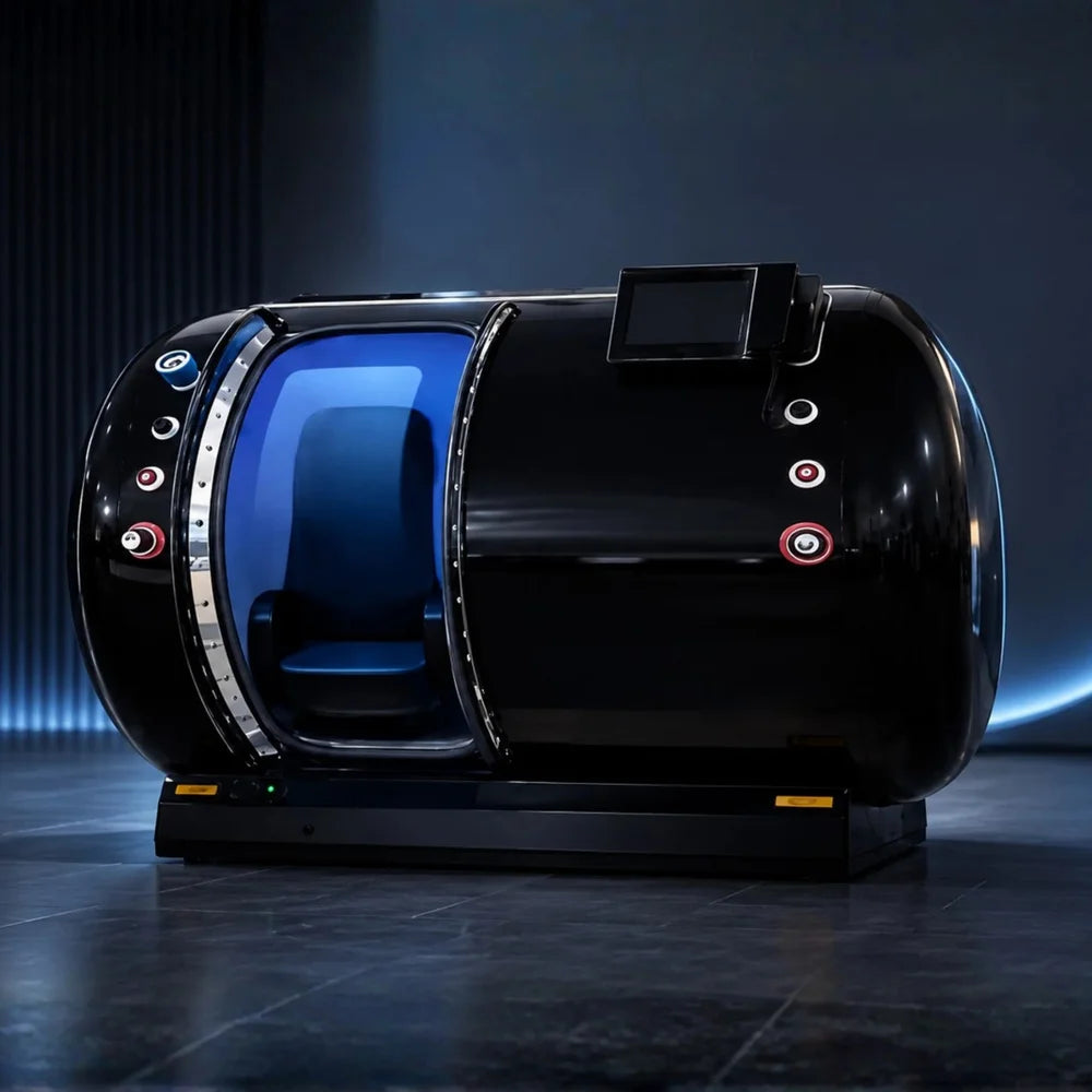 Galaxy Zero Jupiter Pro Hyperbaric Chamber in a dark studio, chrome door ring open over blue-lit seating and ports