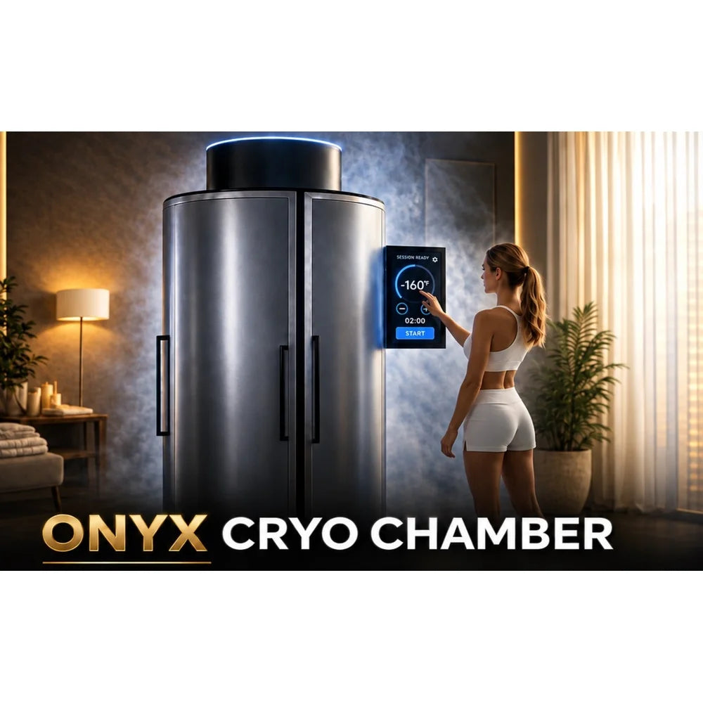 Woman selecting a two-minute session on the wall screen of the Galaxy Zero Onyx Cryotherapy Chamber in a warmly lit spa room