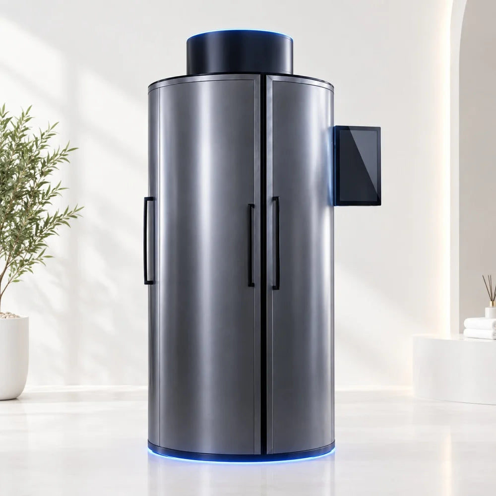 Brushed silver Galaxy Zero Onyx Touch Screen Cryotherapy Chamber at an angle with blue base lighting and black bar handles