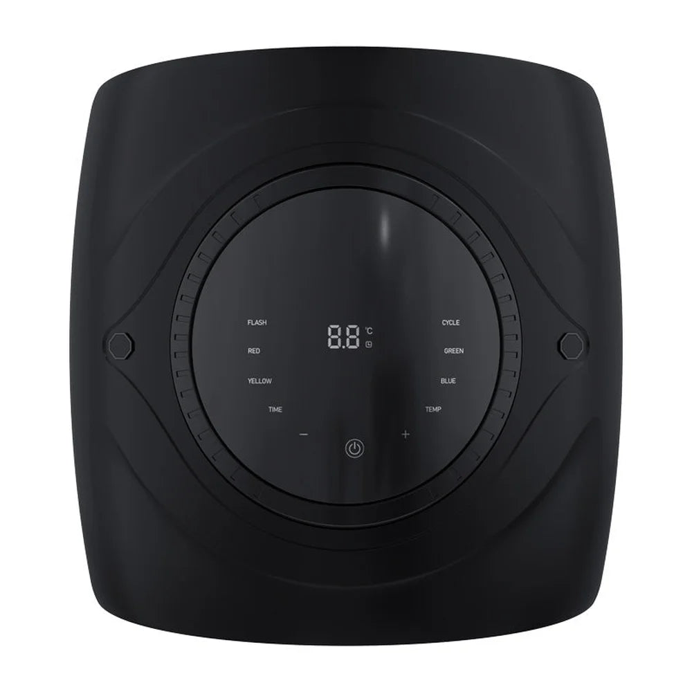 Overhead look at the circular touch control ring and temperature readout on the Galaxy Zero Trinty Red Light Therapy Device