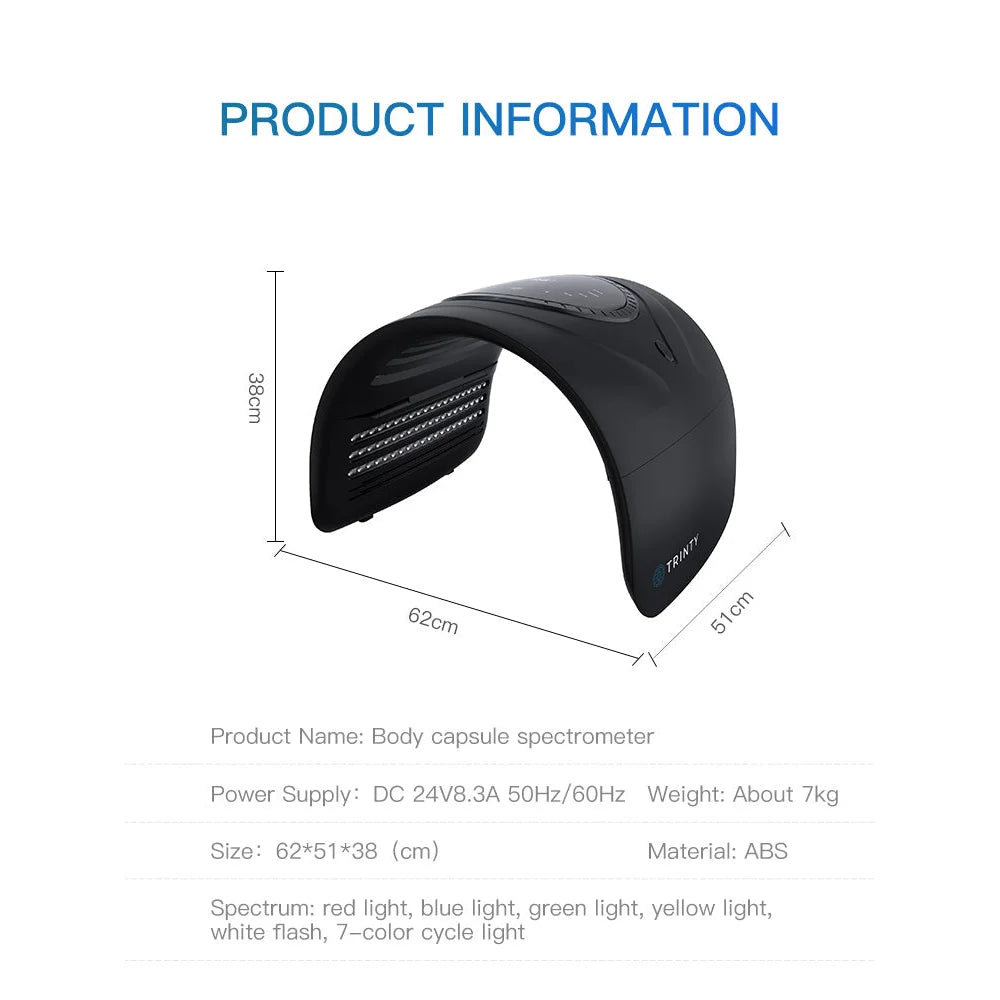 Dimension drawing and specification list for the Galaxy Zero USA Trinty LED Device including power supply, weight and spectrum