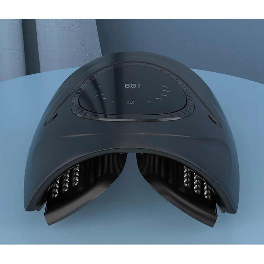Front view of the Galaxy Zero Trinty Full Body LED Device on a blue table with touch display and folding LED wings