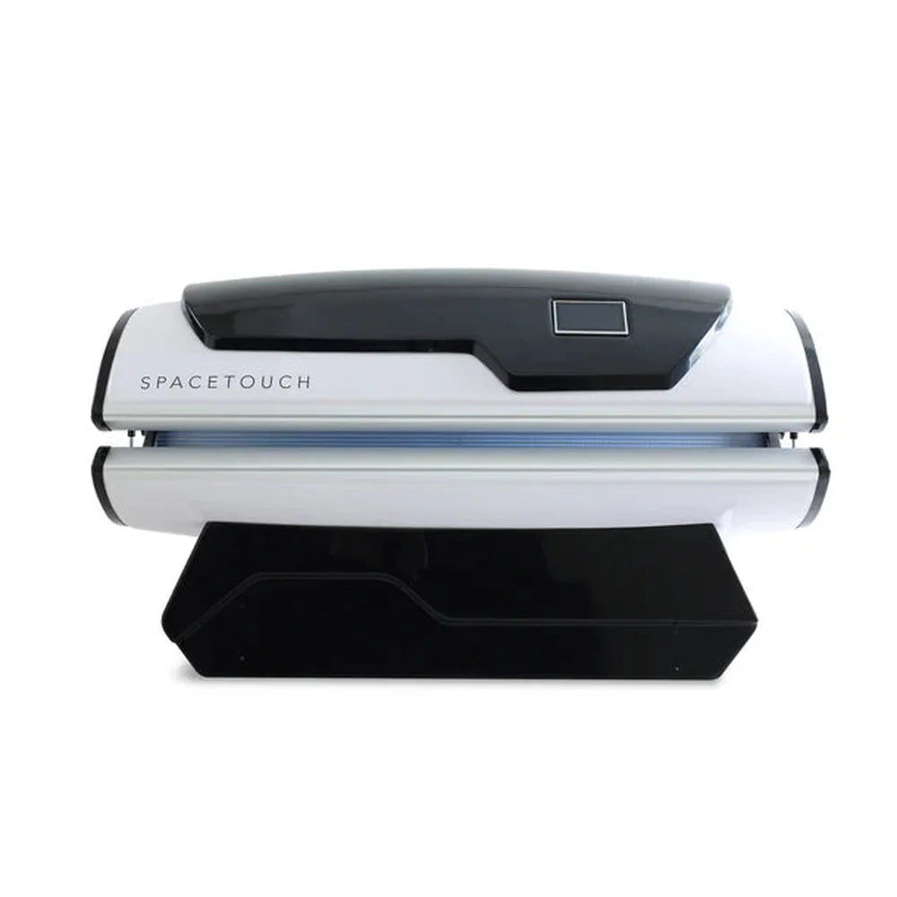 Straight-on studio front view of the closed Galaxy Zero Capsule Light Therapy unit on its black pedestal base