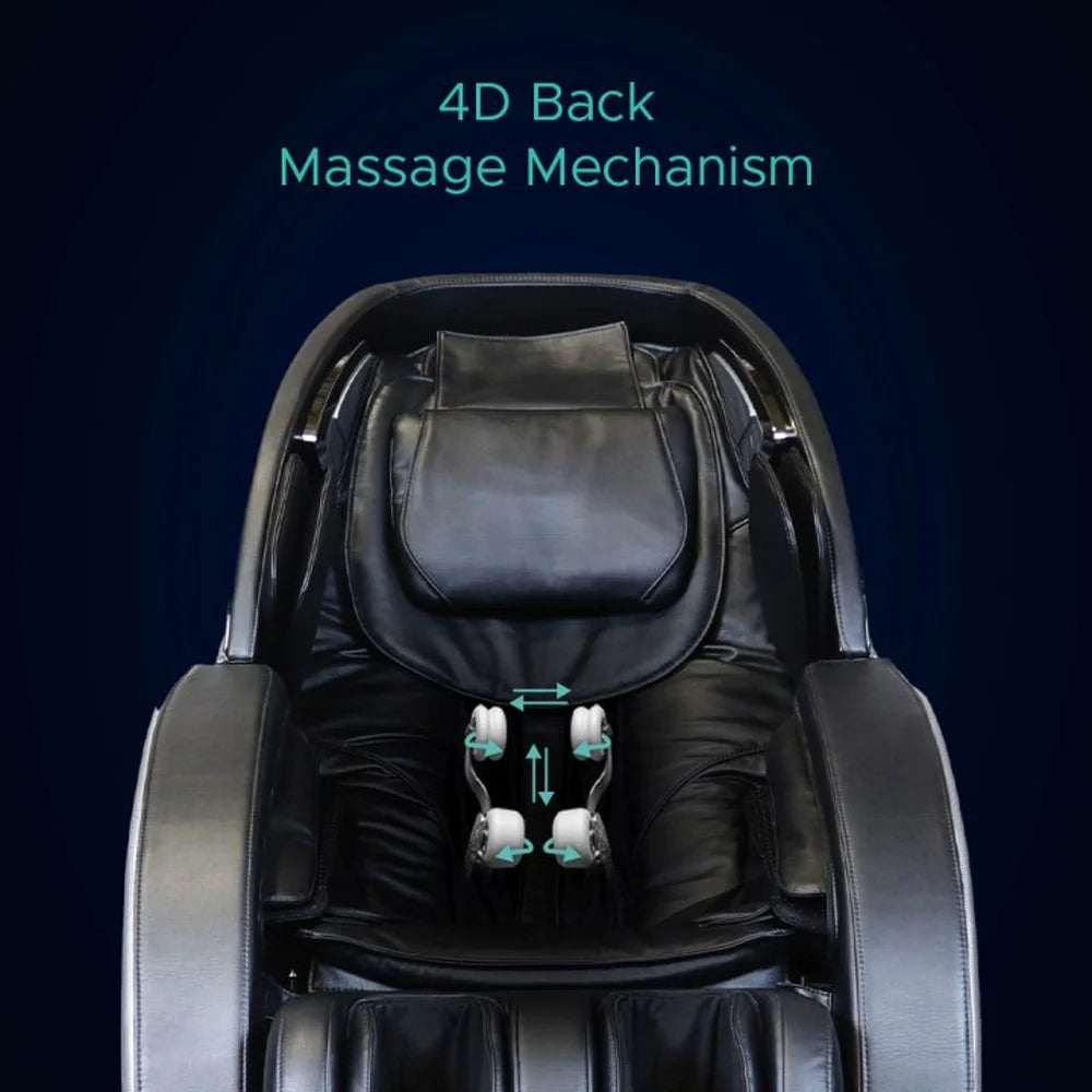 Four roller nodes with directional arrows illustrating the 4D back mechanism of the Infinity Genesis Max 4D