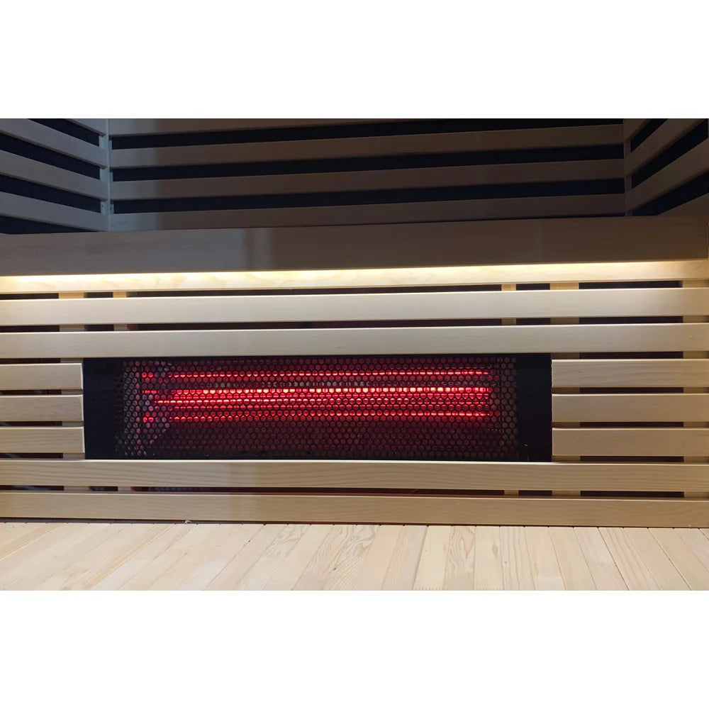 Illuminated red glass heater glowing behind its perforated grille inside the Blisspod Bergen Full Spectrum Sauna