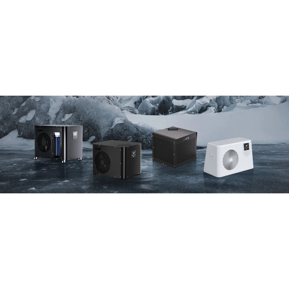 Four chiller units lined up on an icy backdrop in the range offered with the FiberCore Flex Cold Plunge Fiber Core Flex Tub