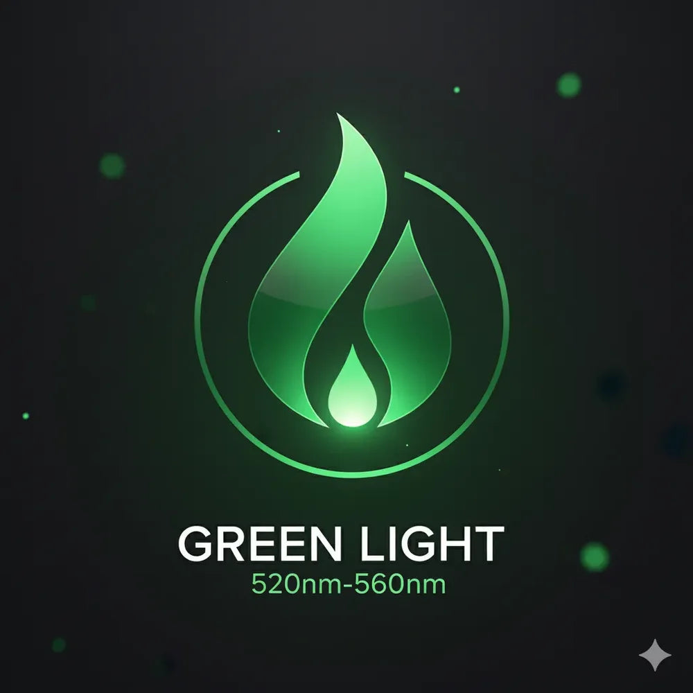 Green flame emblem badge for the 520nm to 560nm band offered by the Nextgen Fit Full Body Red Light Bed