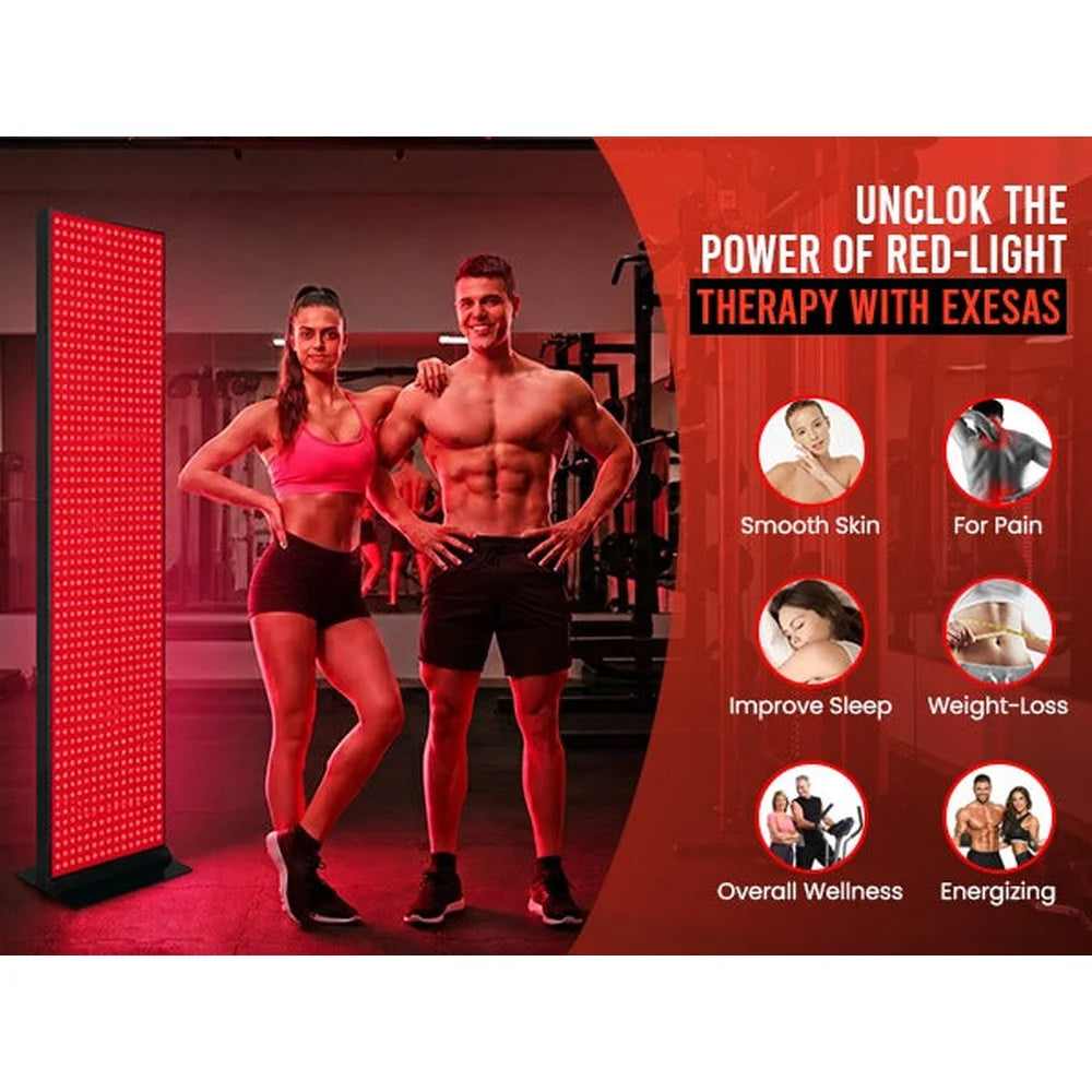 Athletic couple posing next to the glowing JKG Industries LLC 1216 Red Light Therapy Device with six wellness benefit icons