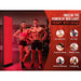 Athletic couple posing next to the glowing JKG Industries LLC 1216 Red Light Therapy Device with six wellness benefit icons