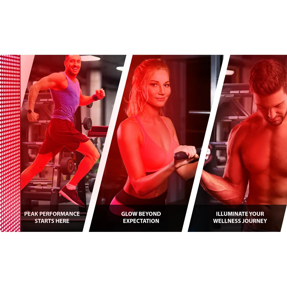 Three red-lit gym scenes promoting the EXESAS Full Body 4000W Red Light Therapy Panel for performance and skin