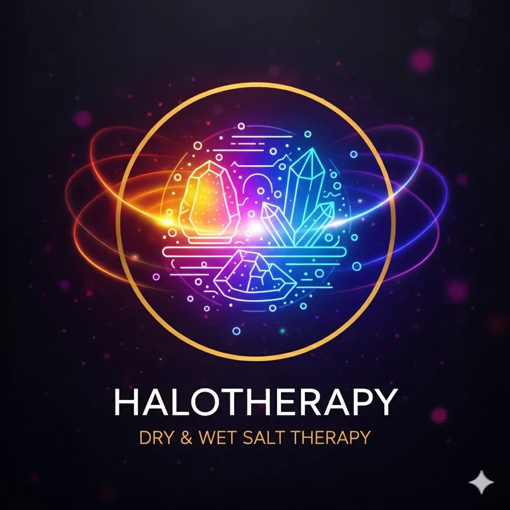 Neon salt crystal badge captioned halotherapy dry and wet salt therapy for the Halo Renew Longevity Capsule Pod