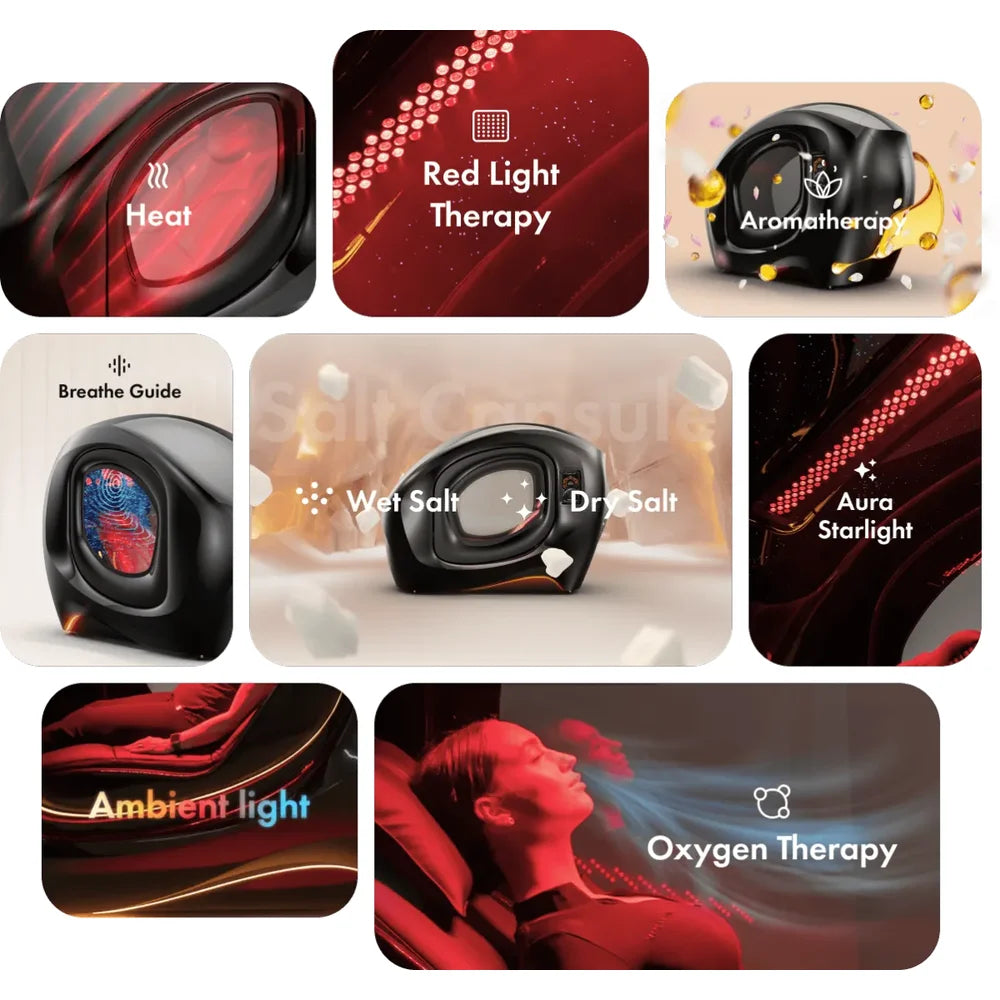 Labeled tile collage of heat, red light, aroma, salt, starlight and oxygen modes across the Halo Renew Longevity Capsule