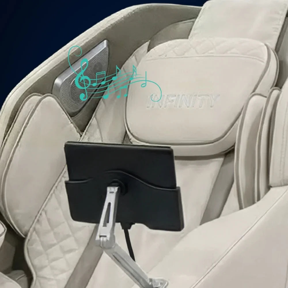 Built-in headrest speaker and floating music notes on the Infinity Celebrity Elite 4D Chair sound system