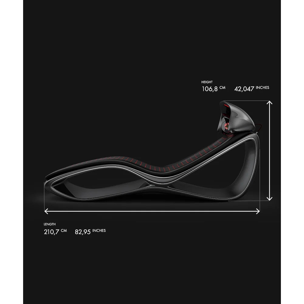 Side spec drawing marking 210,7 cm length and 106,8 cm height of the Vacu Activ Red Couch Oxy Oxygen Therapy Device