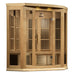 Side-angled studio shot of the Maxxus MX-K356-01-ZF Corner Sauna with tempered glass door, benches and lower vents