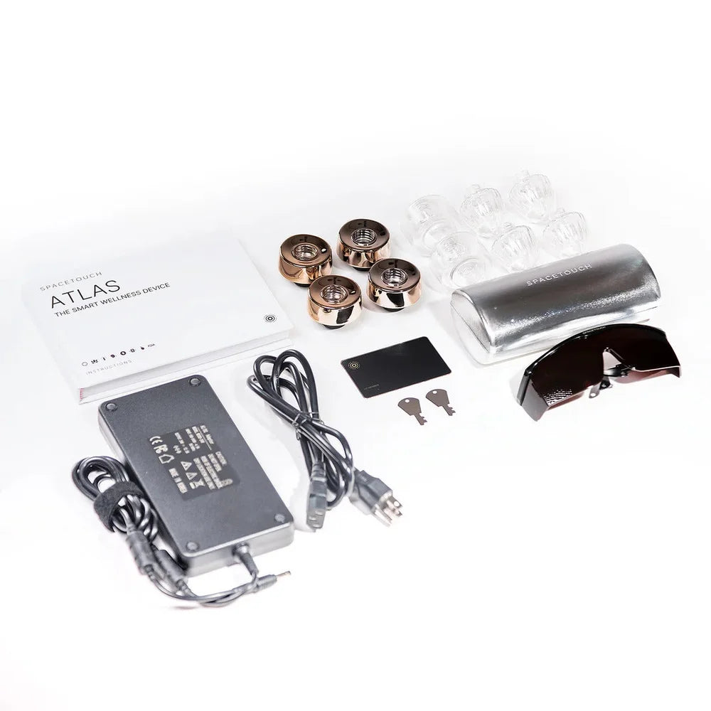 Manual, power supply, mister cartridges, keys and eyewear included with the Galaxy Zero Atlas LED Light Therapy Capsule