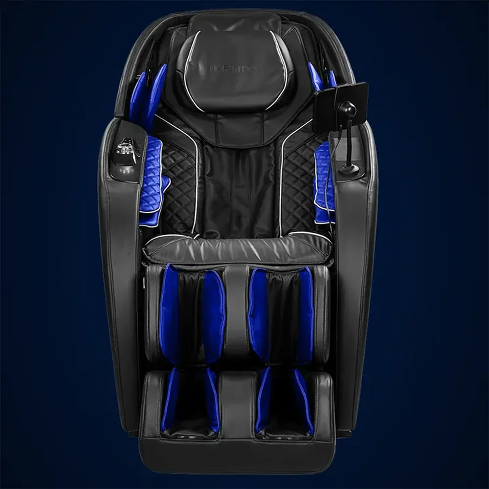 Blue highlighted airbags at arms, calves and feet of the Infinity Aura Elite 4D Massage Chair front view