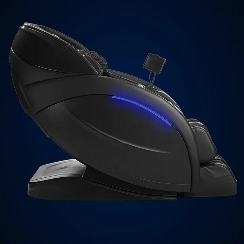 Curved chromotherapy strip glowing blue along the side shell of the Infinity Aura Elite in profile