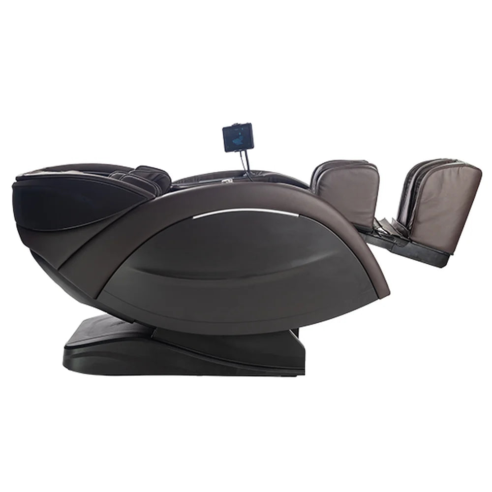 Dark brown Infinity Massage Chairs Aura Elite Massage Chair reclined flat with footrest raised on white