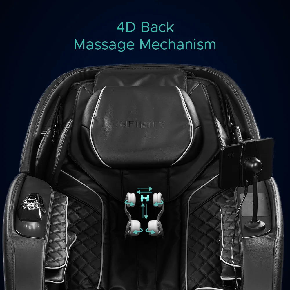 Four roller heads with directional arrows inside the seat back of the Infinity Aura Elite Massage Chair