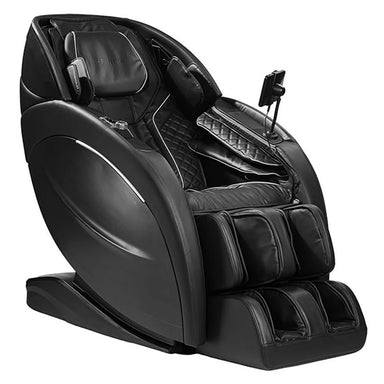 Angled front hero shot of the black Infinity Aura Elite Massage Chair with quilted seat and mounted tablet remote