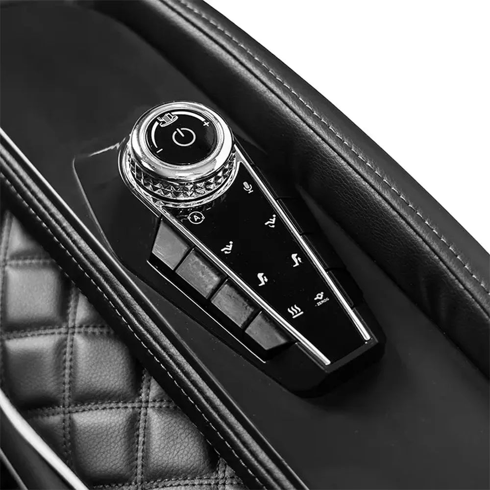 Knurled dial and icon buttons of the quick access panel on the Infinity Aura Elite 4D armrest