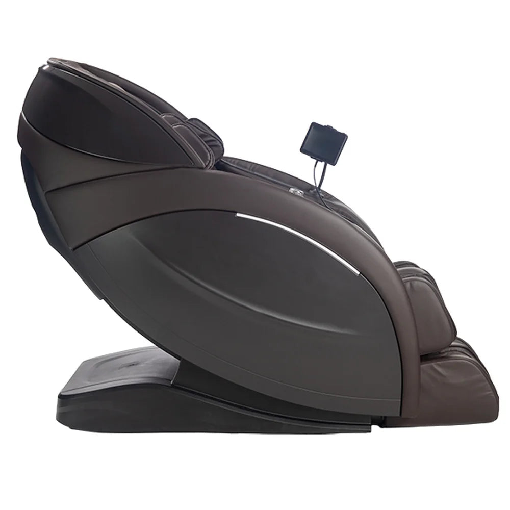 Right side profile of the Infinity Aura Elite in dark brown upholstery standing upright on white