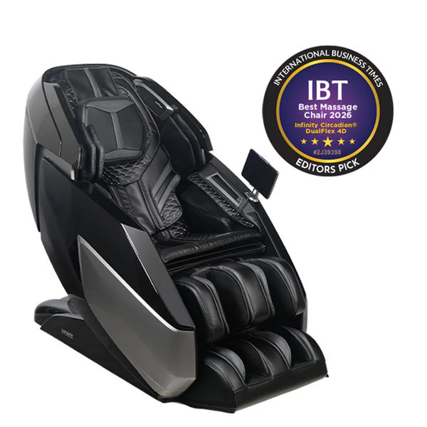 Angled hero shot of the black Infinity Circadian DualFlex with quilted seat, leg wells and side tablet