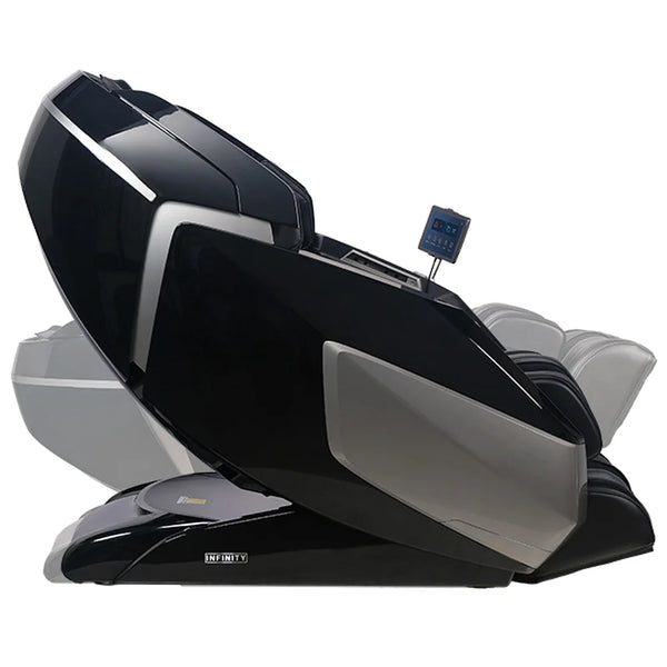 Side profile of the Infinity Massage Chairs Circadian DualFlex Massage Chair reclined flat over a ghosted upright outline