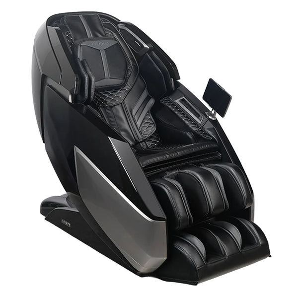 Three-quarter angled studio view of the upright Infinity Circadian DualFlex Chair in glossy black