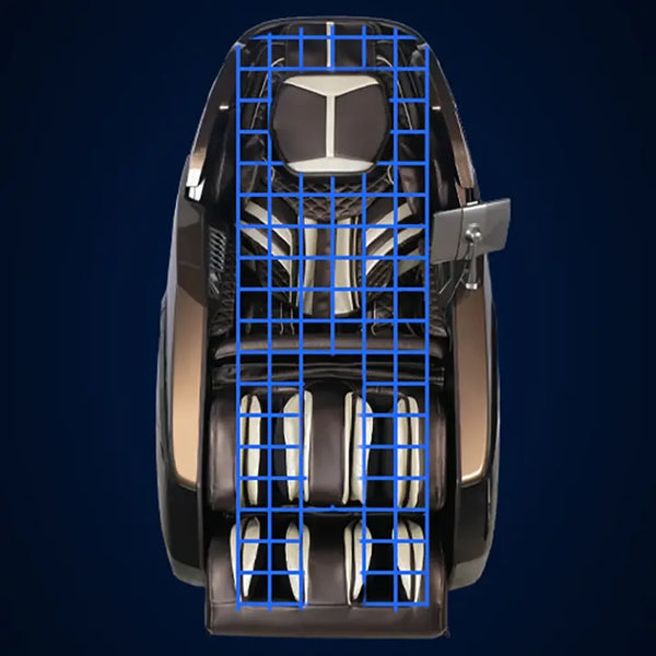 Blue scanning grid mapped over the Infinity Circadian DualFlex Massage Chair from headrest to footrest