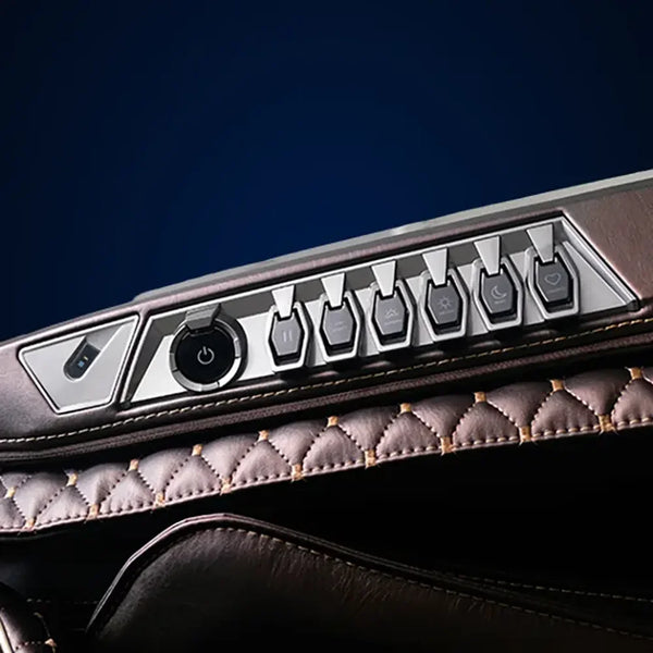 Armrest control panel with power key and six function buttons on the Infinity Circadian DualFlex 4D Massage Chair