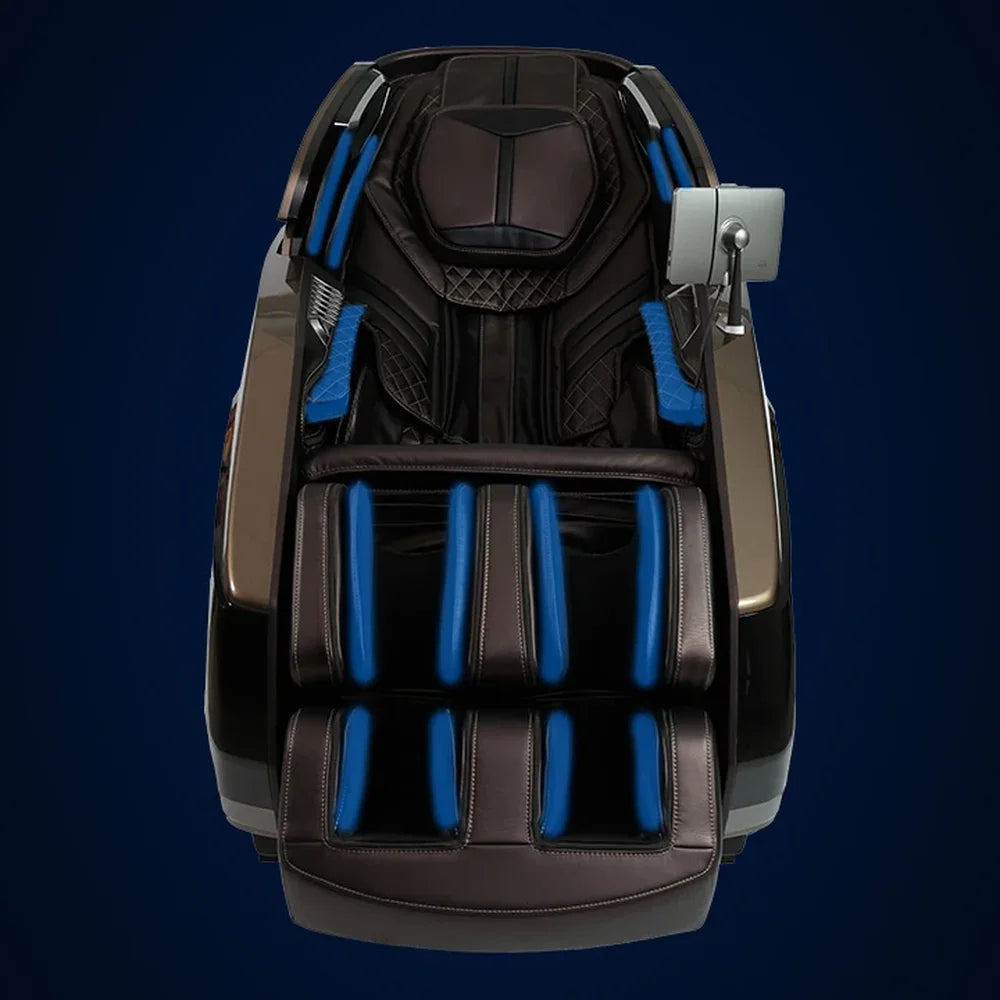 Blue highlighted airbags at shoulders, arms, calves and feet on the Infinity Circadian Syner-D Massage Recliner