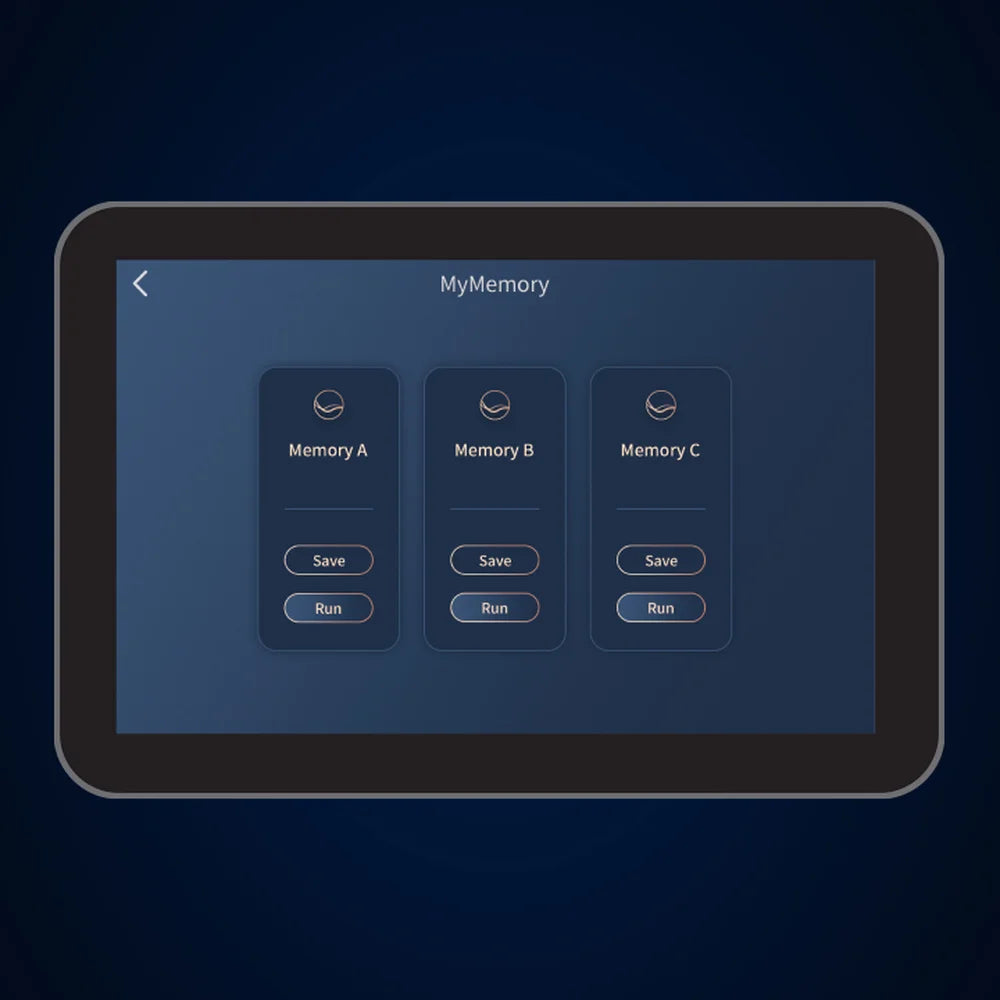 MyMemory tablet screen with Memory A, B and C save and run slots on the Infinity Circadian Syner-D Massage Chair