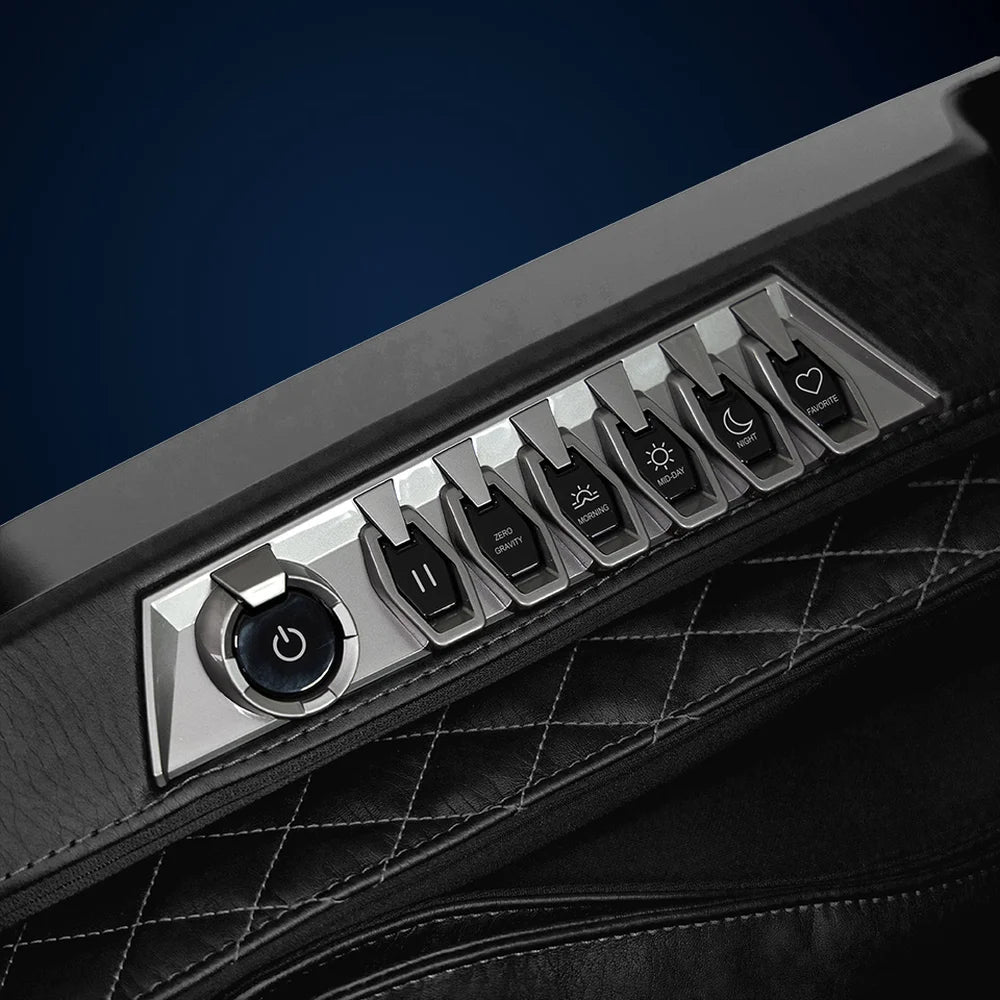 Armrest control panel on the Infinity Circadian Syner-D with power button and zero gravity and preset toggles