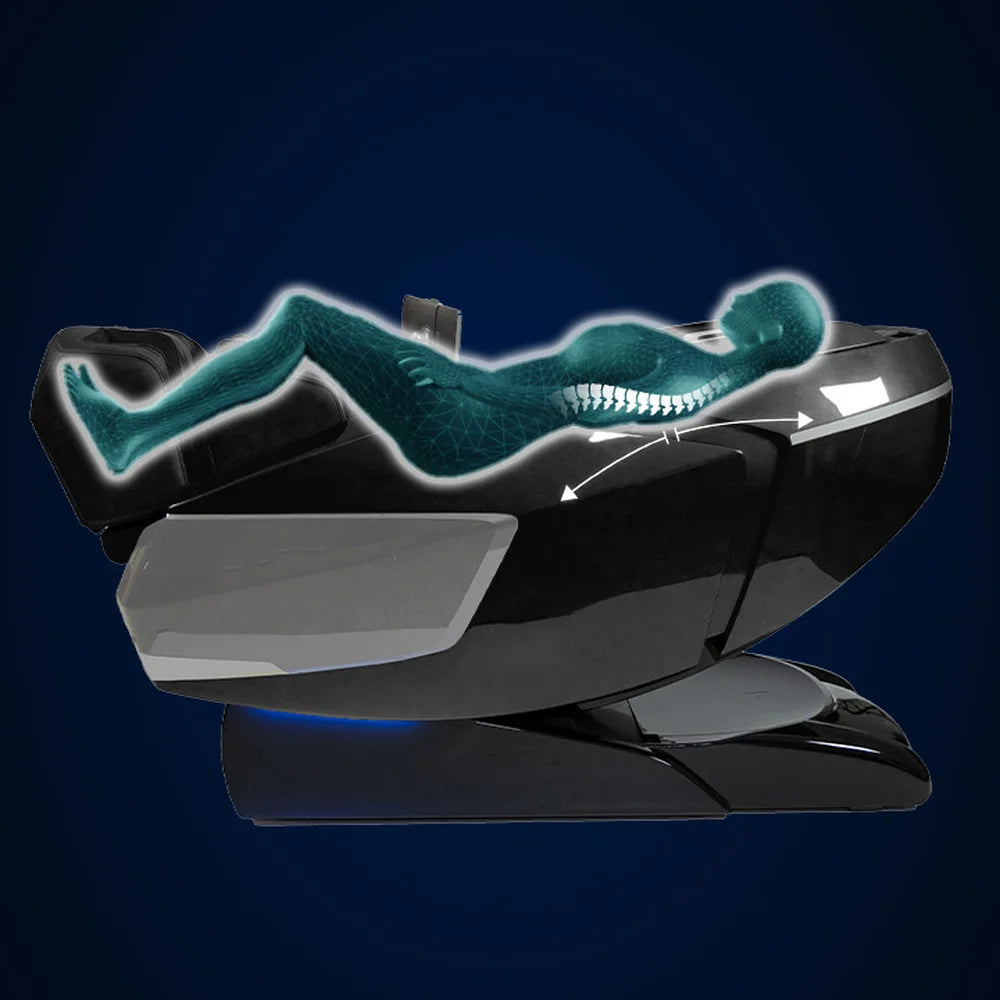 Wireframe body diagram showing neck-to-glutes track path and spinal stretch on the Infinity Circadian Syner-D Massage Chair