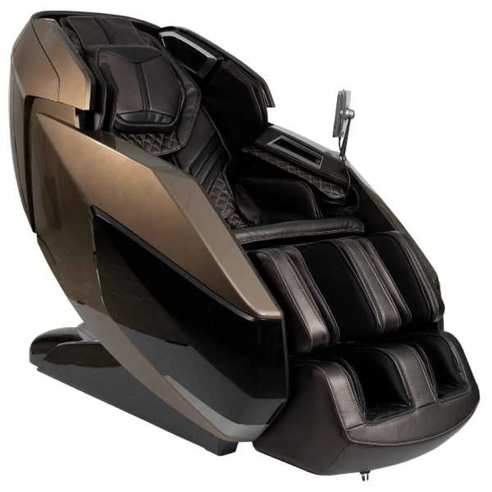 Brown and bronze Infinity Circadian Syner-D Massage Recliner angled on white with quilted seat and leg rest