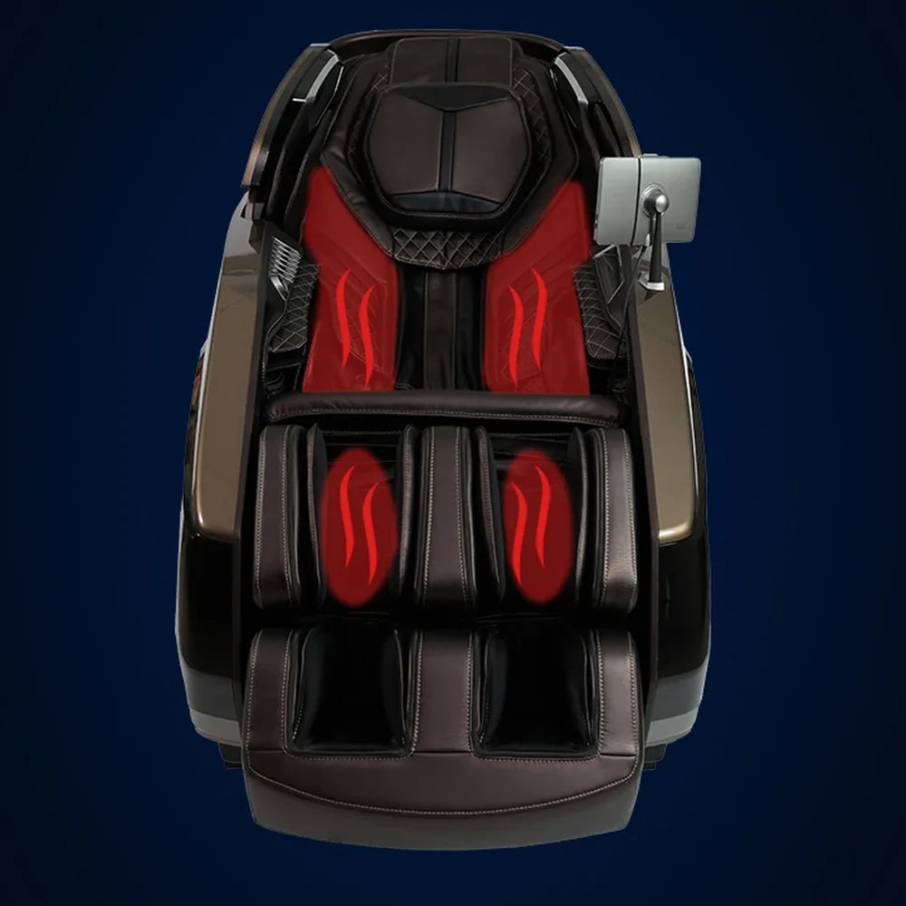 Red glowing lumbar and calf heat zones mapped on the Infinity Circadian Syner-D Chair front view