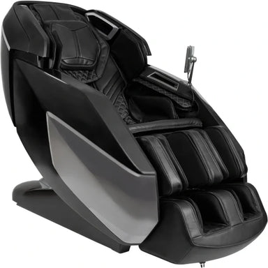 Black leather Infinity Circadian Syner-D angled on white studio backdrop with footrest and tablet arm