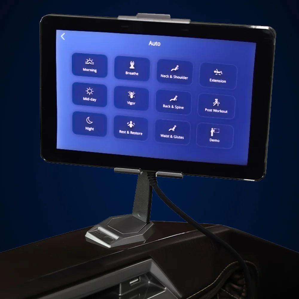 Tablet remote of the Infinity Circadian Syner-D showing twelve auto programs on its 8 inch touch display