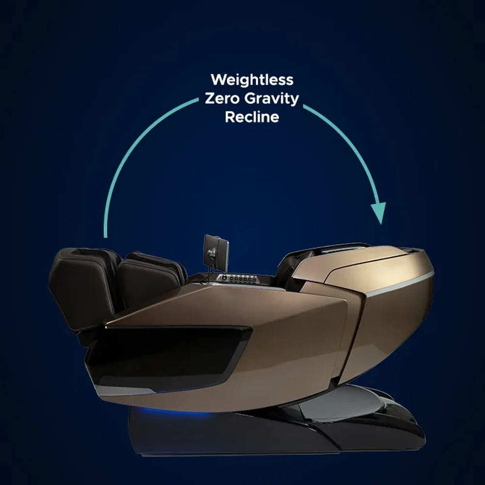Bronze Infinity Circadian Syner-D Chair reclined into zero gravity with legs elevated above the heart
