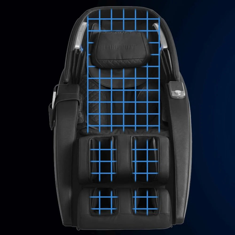 Blue scanning grid mapped over the backrest and legrest of the Infinity Dynasty during body scanning