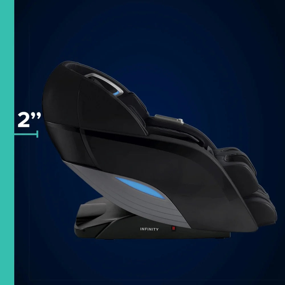 Two-inch wall clearance callout beside the reclining Infinity Dynasty 4D Massage Chair side profile