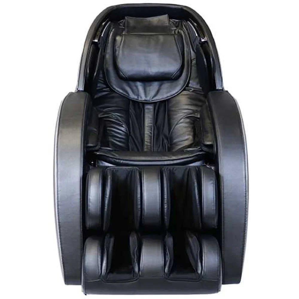 Upright front view of the black Infinity Gen Max 4D with headrest pillow, arm wells and calf and foot compartments